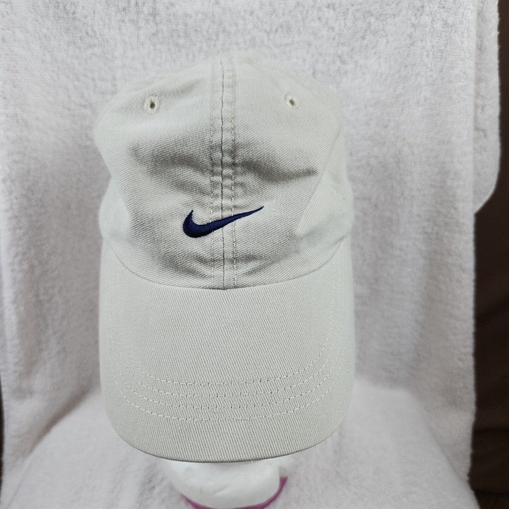 Vintage Nike Hat Cap Strapback Tan Center Navy Swoosh Child Youth Y2K